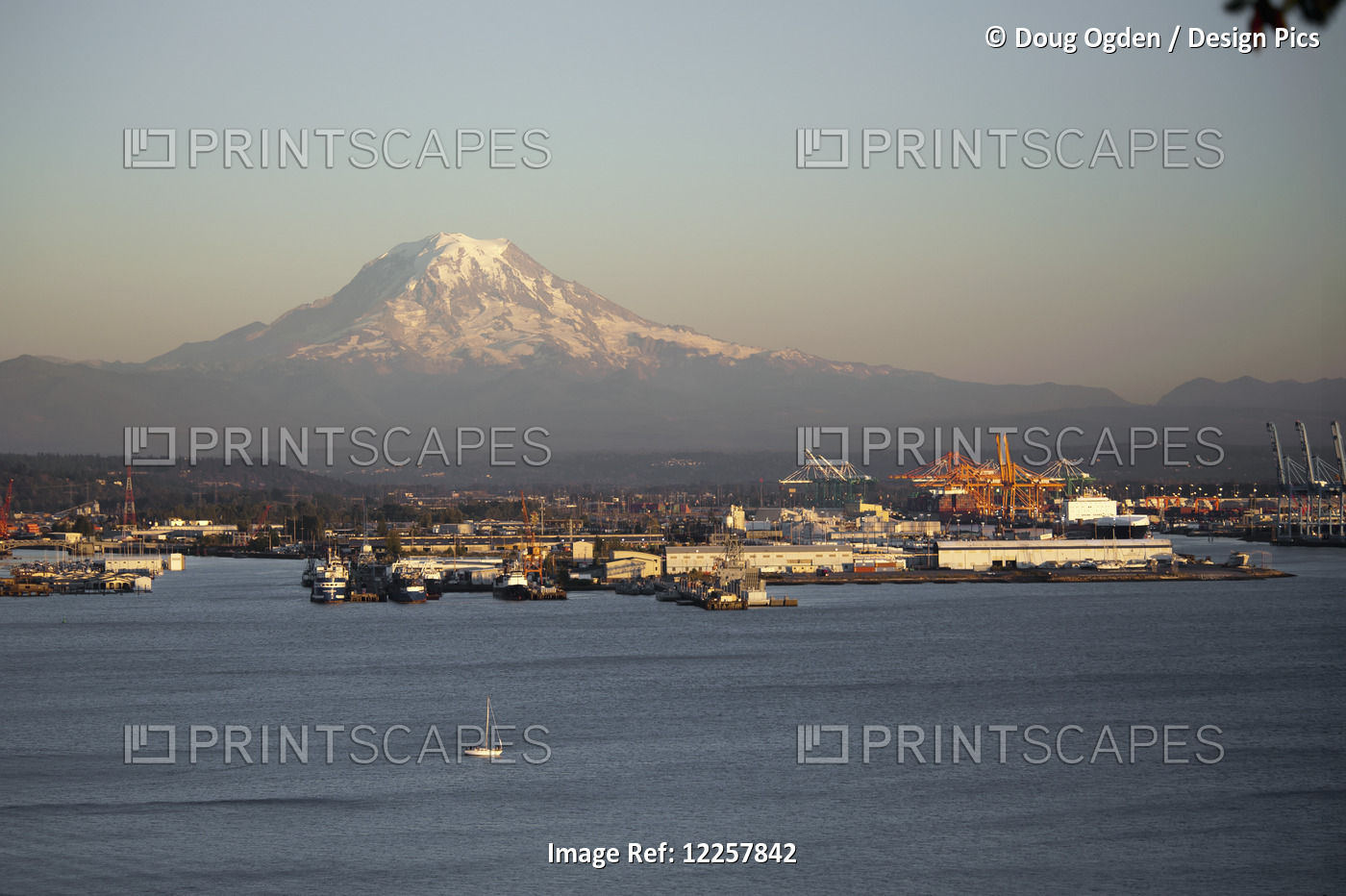 Mount Rainier And The Port Of Tacoma At Sunset; Tacoma, Washington, United ...