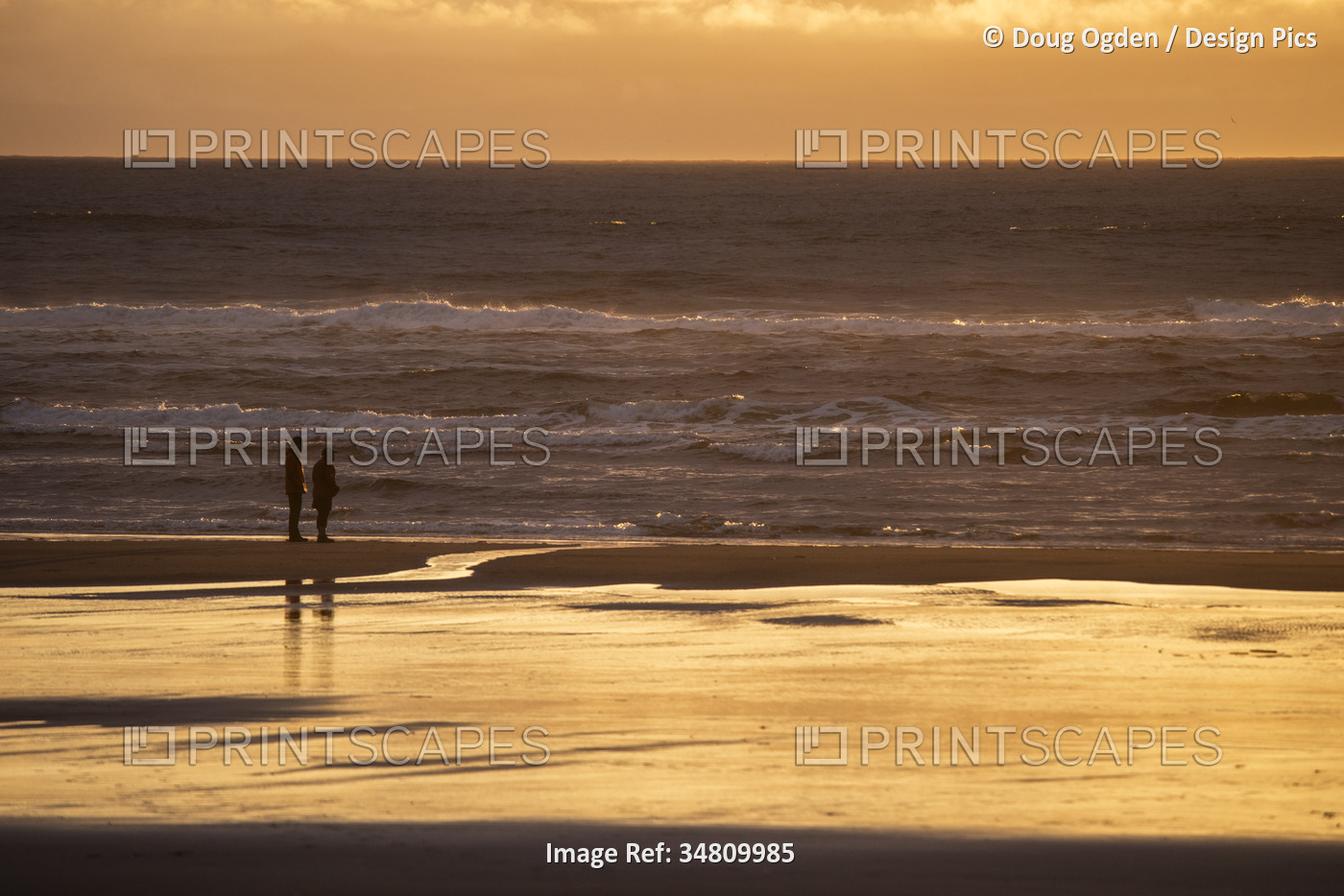 Couple watches the sunset over the Pacific Ocean from the beach at Cape ...